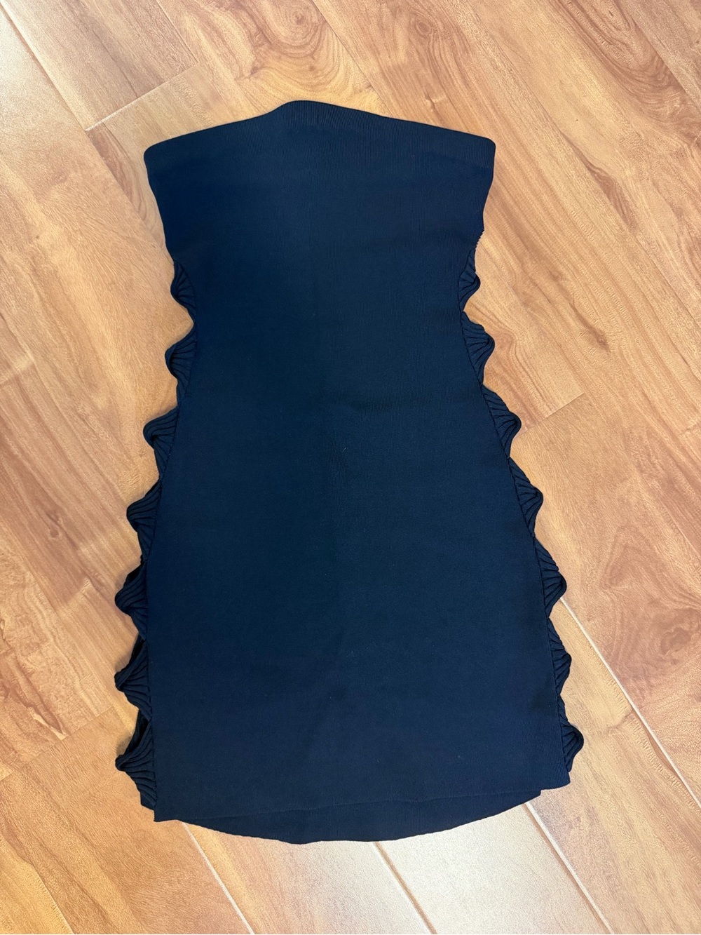 Meshki Black Strapless Mini Dress with Side Ruffle Details